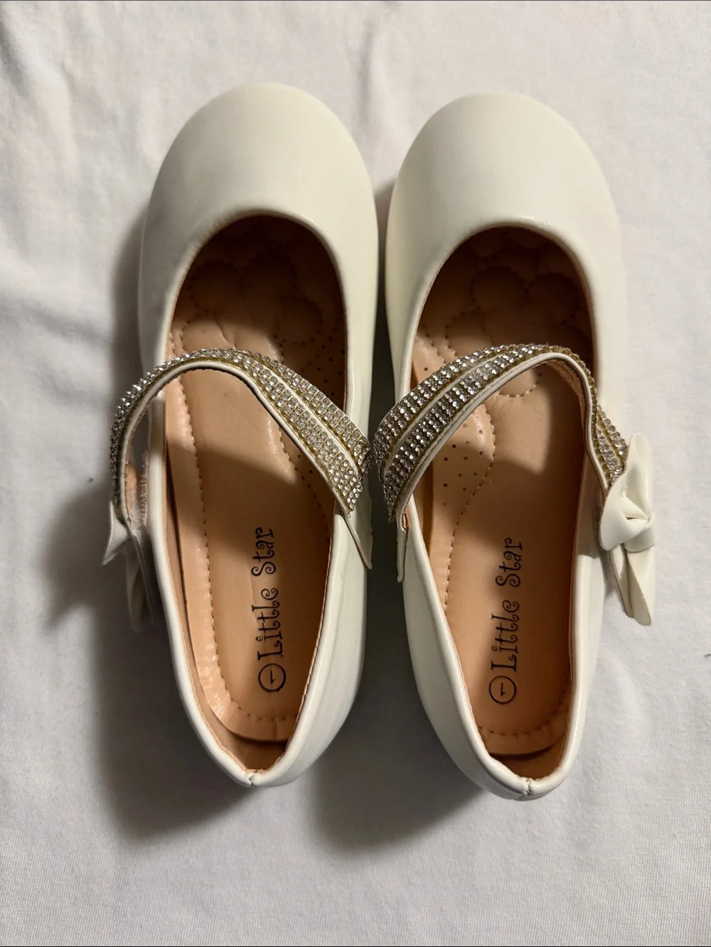 White Girls' Dress Mary Janes with Rhinestone Strap